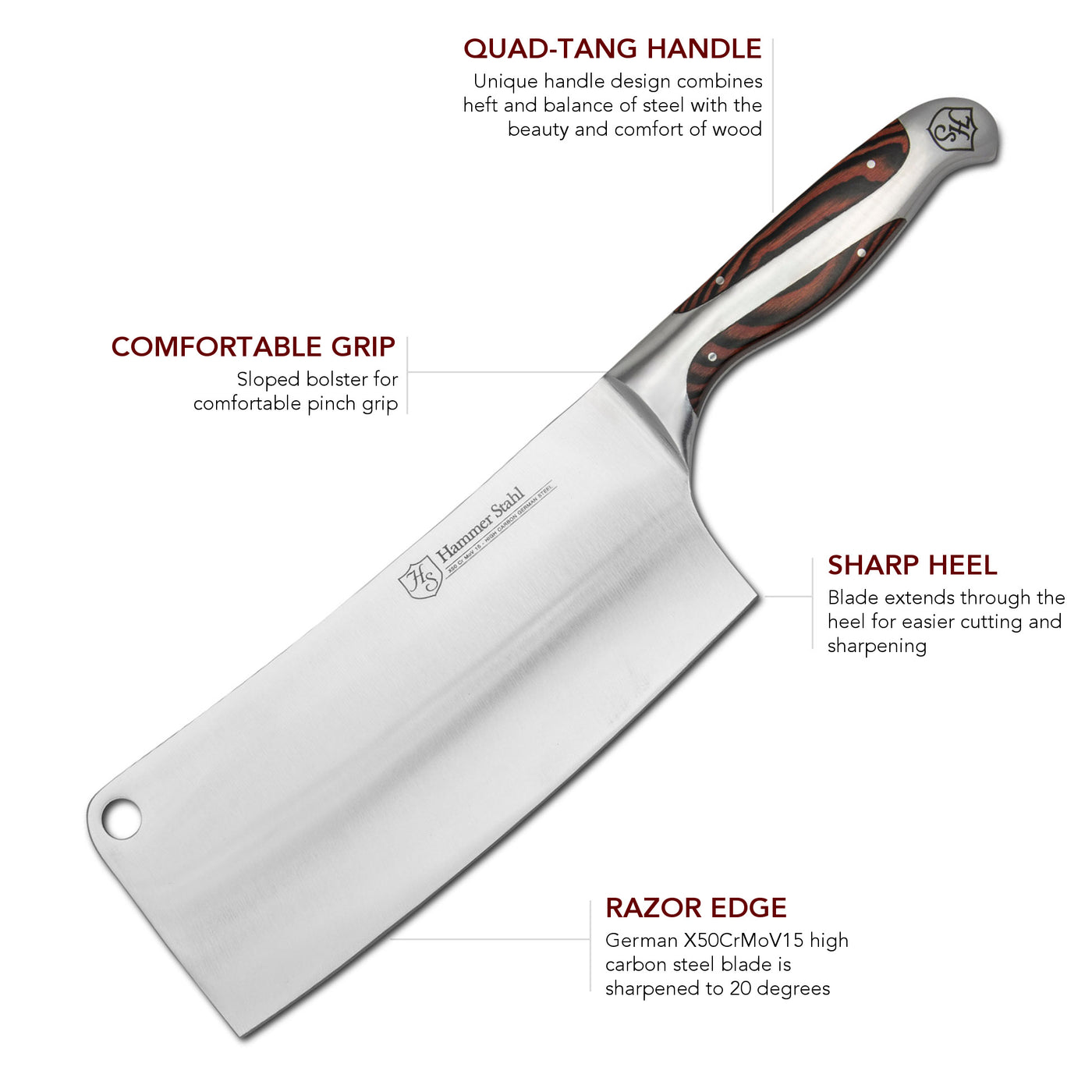 Hammer Stahl 8 Cleaver, German Forged High Carbon Steel Cutlery with  Quad-Tang Pakkawood Handle – Heritage Steel