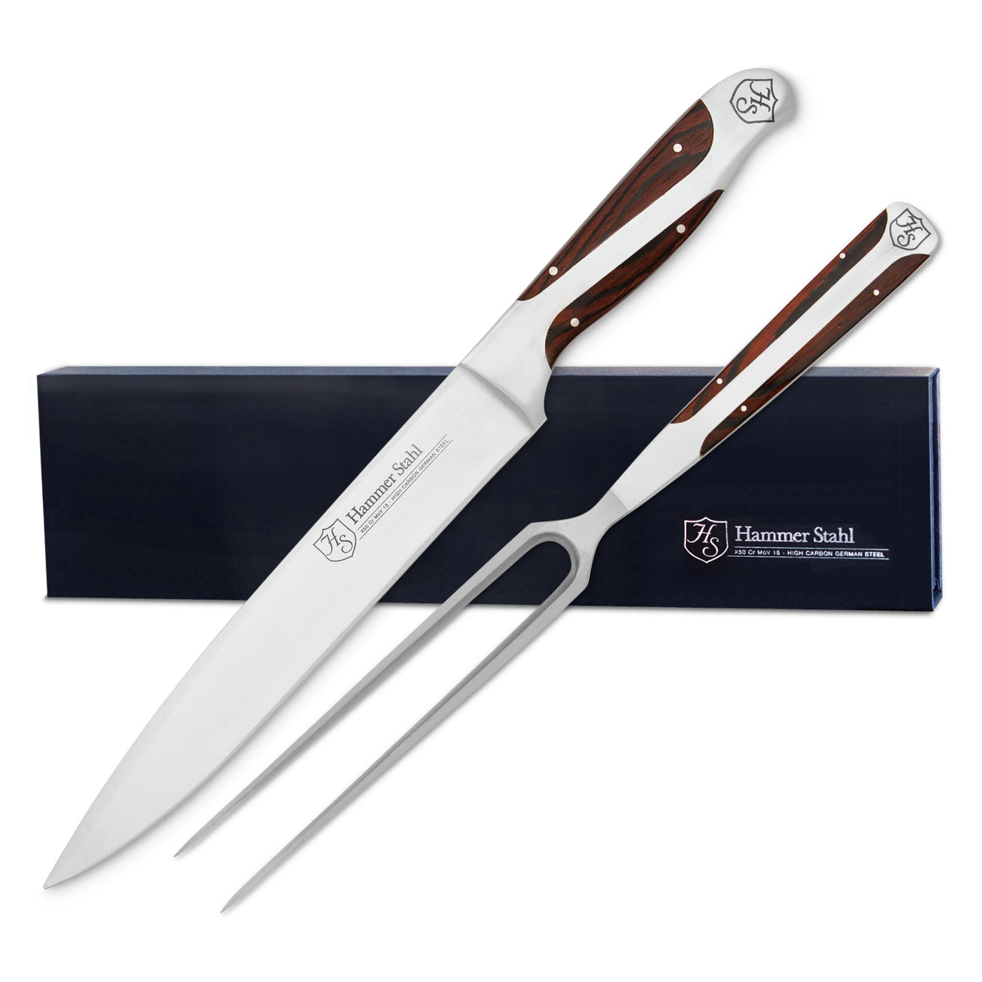 HexClad Carving Knife and Fork Set, 10-Inch, Japanese Damascus Stainless  Steel Blade Knife with Full Tang Construction and 2-Pronged Fork, Pakkawood